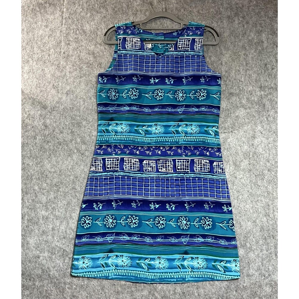 Vintage Dress Womens Small Blue Striped Sleeveless Knee Length Tropical Vacation